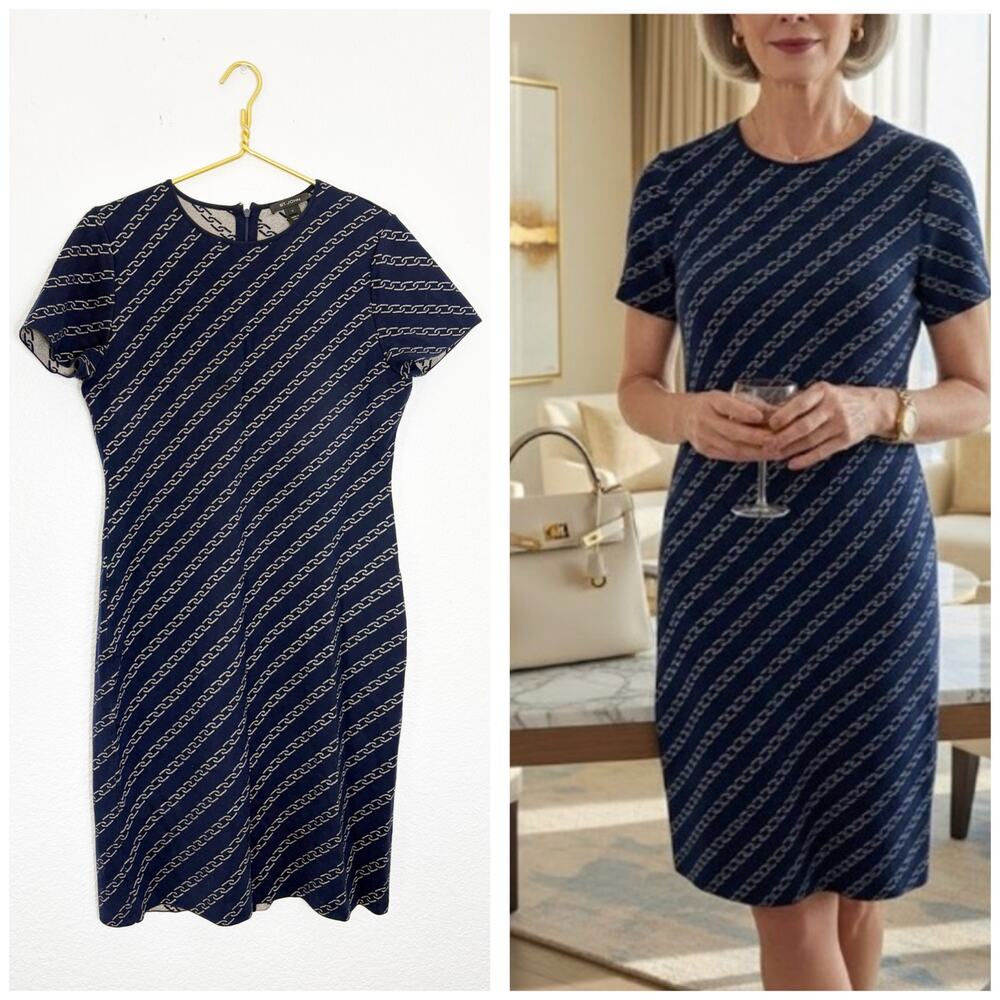 St. John Navy Gold Metallic Chain Link Wool Blend Knit Sheath Dress Size 10 SP21